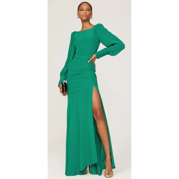 UK 6 US 2 de la vali green presley puff shoulder full length gown solid maxi - Picture 1 of 8